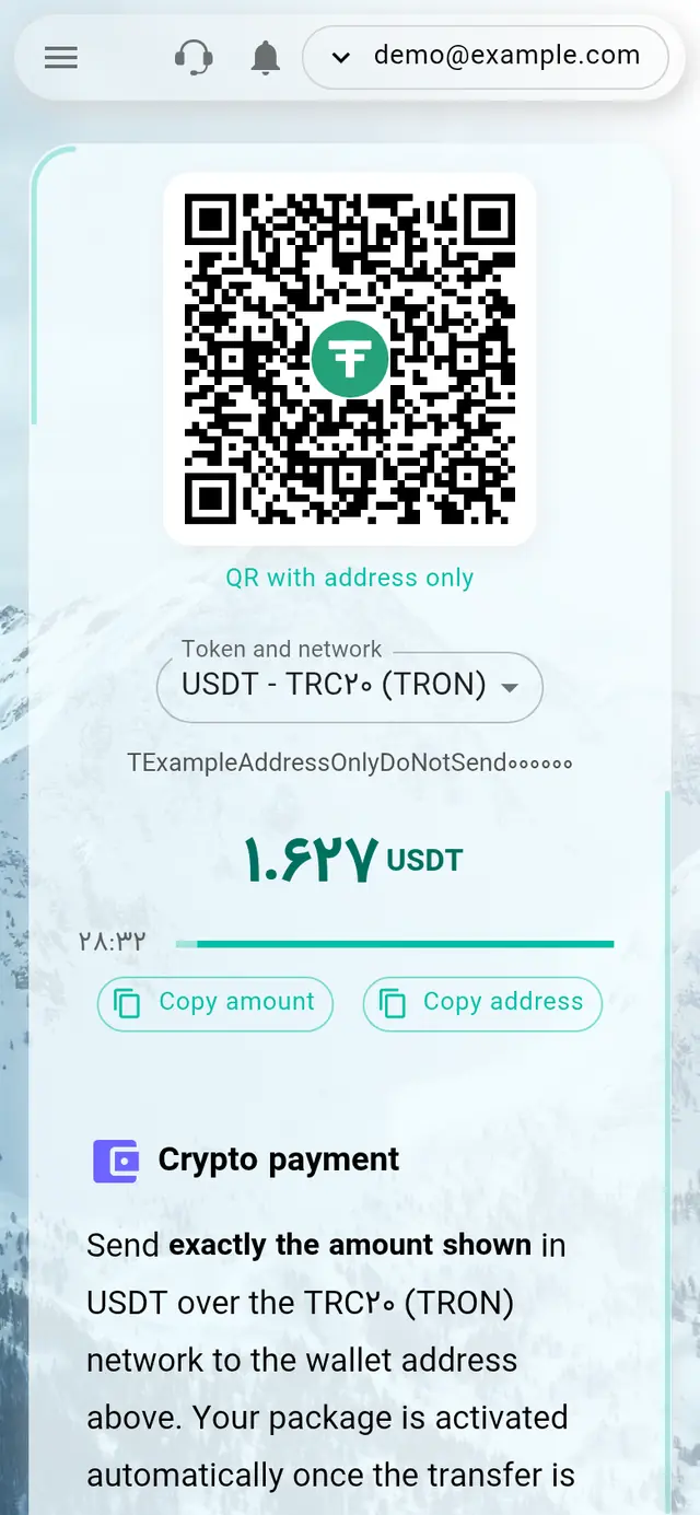 Страница оплаты криптовалютой: QR-код, USDT в сети TRC20, адрес кошелька, точная сумма и таймер