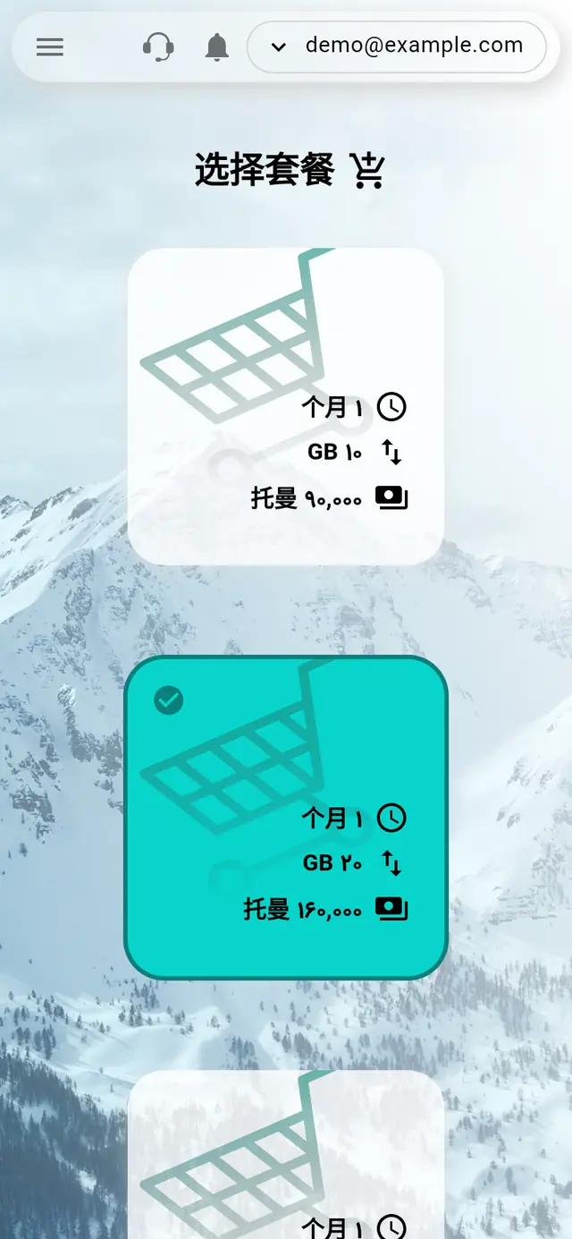 Parsinet VPN 用户中心的选择套餐页面，已选中 20 GB 套餐